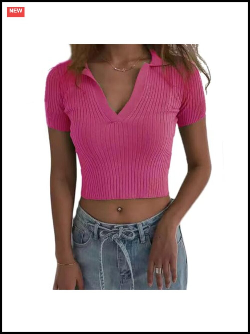 Women's Ribbed Knit Crop Polo Shirt V Neck Short Sleeve Fitted Top